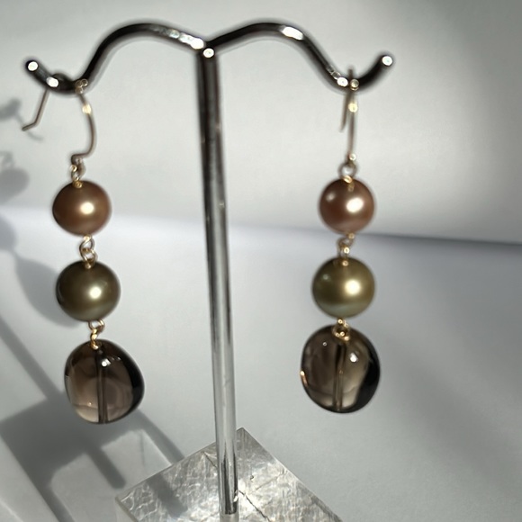14K Yellow Gold Pearls Smoky Quartz Dangling Earrings - Picture 15 of 16
